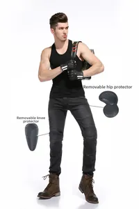 Detail of motorcycle riding jeans featuring removable knee pads and protective hip pads