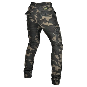 Detail view of camouflage motorcycle cargo pants with elastic waist and large rear pockets