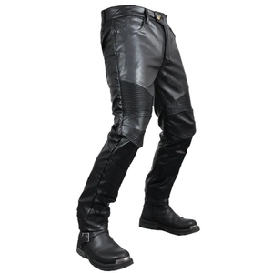 Slim fit black faux leather motorcycle trousers with stretch accordion panels for racing