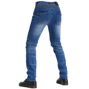 Blue motorcycle riding jeans with protective gear and stretch panels on the back view
