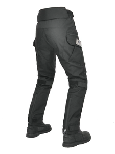 Black Cordura motorcycle tactical pants with side pockets and protective knee panels