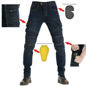 Detail of army green motorcycle jeans showing flexible knee pleats and removable CE pads
