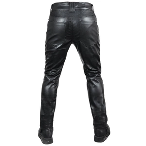 Slim fit black leather motorcycle pants with protective padding shown from the back view