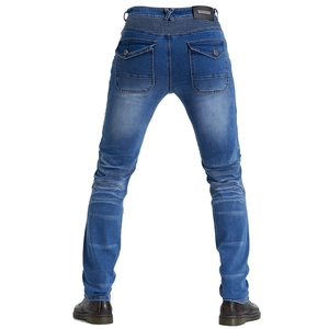 Detail of motorcycle jeans showing elastic accordion panels and rear protective structure