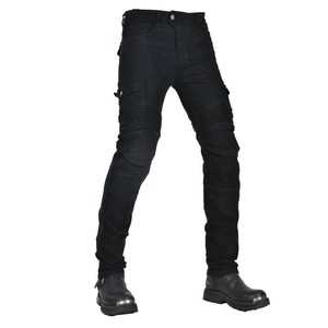 Detail of motorcycle riding jeans featuring multi-pocket design and reinforced knee pleats