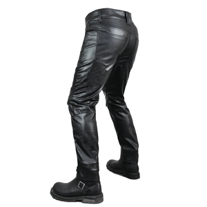 Men's black leather motorcycle pants with flexible accordion stretch panels for riding