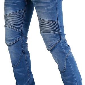 Men's blue slim fit biker motorcycle jeans with protective ribbed knee panels