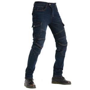Pantalon cargo moto pour homme bleu avec genoux renforcés et grandes poches latérales
