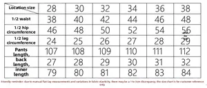 Detailed size chart for motorcycle riding jeans showing waist, hip, and length measurements