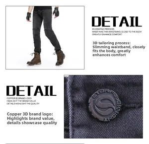 Detail of 3D ergonomic knee tailoring and branded copper button on motorcycle jeans