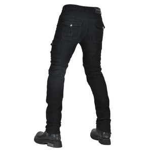 Rear view of black protective motorcycle jeans with accordion stretch knee panels