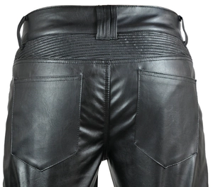 Men's black faux leather motorcycle riding pants with stylish accordion stretch back detail