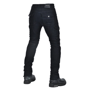 Rear view of black armored motorcycle jeans with cargo pockets and stretch panels