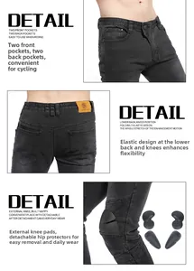 Detail view of motorcycle jeans with protective pads and flexible accordion panels