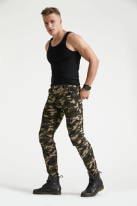Slim fit camouflage motorcycle riding jeans with reinforced knee pleats and protection