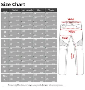 Motorcycle riding jeans size chart with measurements from XS to 4XL in CM and INCH