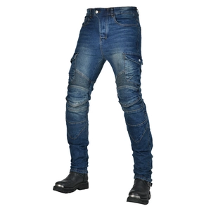 Detail of blue motorcycle denim jeans with accordion panels on knees and cargo pockets