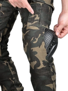 Men's camouflage motorcycle jeans with detachable knee pads and side zipper detail