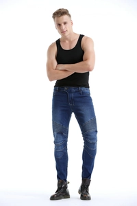 Detail of accordion pleated knee panels on deep blue elastic biker motorcycle jeans