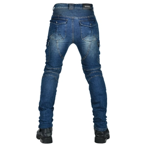 Detail view of motorcycle jeans with accordion stretch panels and rear pockets for bikers