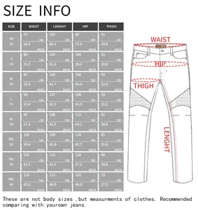 Detailed size chart for motorcycle riding jeans showing waist, hip, and length measurements