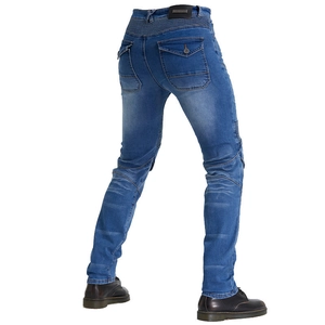 Detail of accordion stretch panels on the knees and waist of blue motorcycle riding jeans