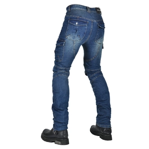Detail of blue motorcycle jeans with accordion stretch panels and cargo pockets on back