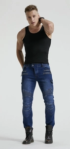 Slim fit men's motorcycle jeans in deep blue with protective knee pleats and utility pockets