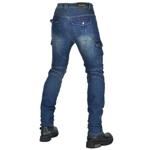 Detail of blue motorcycle jeans featuring accordion stretch panels and protective armor pockets