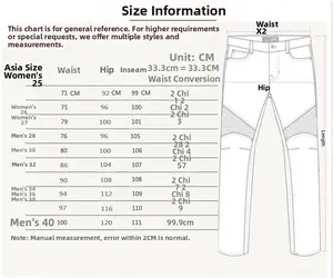 Detailed size chart for motorcycle riding jeans with waist and hip measurement guide