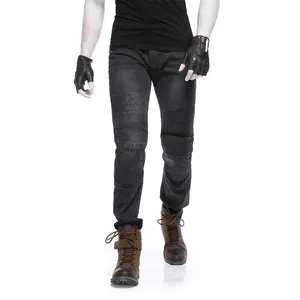 Men's charcoal grey motorcycle riding jeans with protective knee padding and flexible panels
