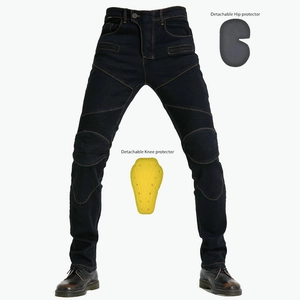 Detail of motorcycle jeans with detachable yellow knee pads and hip protectors