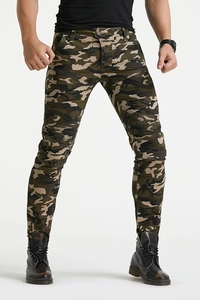 Slim fit camouflage motorcycle pants with protective gear and ribbed knee details