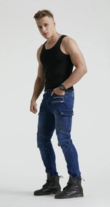 Slim fit dark blue motorcycle jeans with ribbed knee panels and multiple zipper pockets