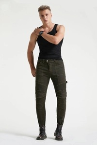 Men's olive motorcycle riding jeans with protective knee pleats and elastic canvas