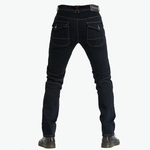 Slim fit motorcycle denim pants with stretch accordion panels and protective knee pads