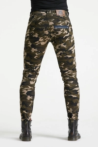 Detail of camouflage motorcycle jeans featuring elastic back pleats and leather brand label