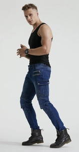Slim fit men's blue motorcycle jeans with biker stretch panels and multiple utility pockets