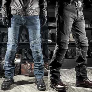 Men's Motorcycle Riding Jeans Slim Fit Cotton Protective Denim Pants With Accordion Panels Windproof Cycling Trousers