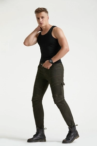 Slim fit olive green motorcycle denim pants with pleated knee panels for men