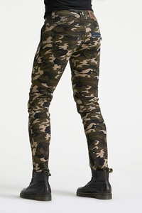 Rear view of camouflage motorcycle pants featuring ribbed knees and zipper pocket details