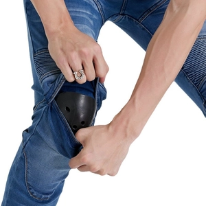 Blue motorcycle riding jeans with accordion stretch knees and removable armor pads