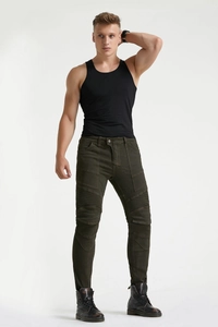Men's olive green motorcycle riding jeans with protective knee pleats in a slim fit