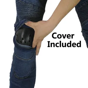 Detail of blue motorcycle riding jeans with accordion knees and removable knee pads