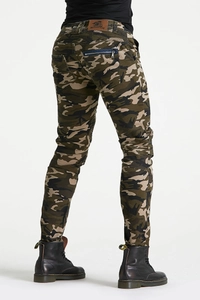 Rear view of camouflage motorcycle pants featuring stretch panels and leather back patch