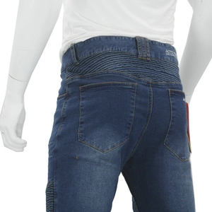 Detailed back view of motorcycle jeans featuring stretch accordion panels for riding