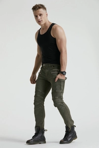 Detail of army green motorcycle riding pants featuring tactical knee pleats and zipper pockets