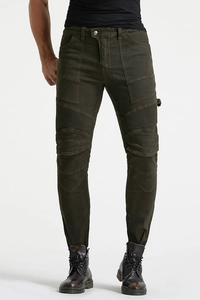 Detail showing army green motorcycle biker pants with ribbed knee stitching and slim fit