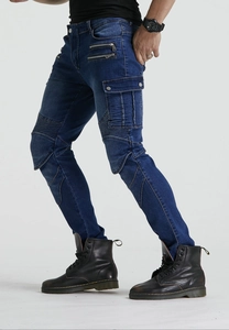 Detail view of motorcycle jeans with reinforced knee pleats and tactical cargo pockets