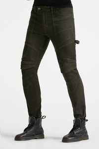 Macro shot of biker jeans with stretch panels and articulated knees for protection